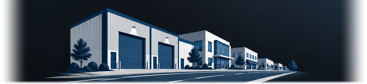 Illustration of warehouses and commercial buildings along a perspective street